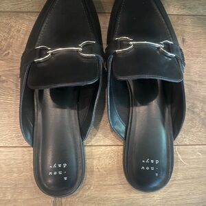 A New Day Black Leather Mules with Silver Accents